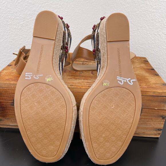 Antonio Melani Leather Beaded Berry Leaves Espadrille Wedge Sandals 10M Tan - Picture 10 of 11